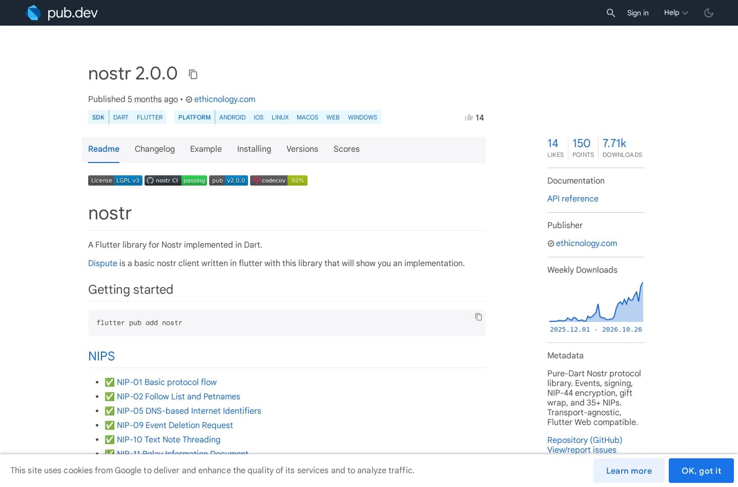 pub.dev page for the nostr package showing version 11.0.0 and protocol capabilities