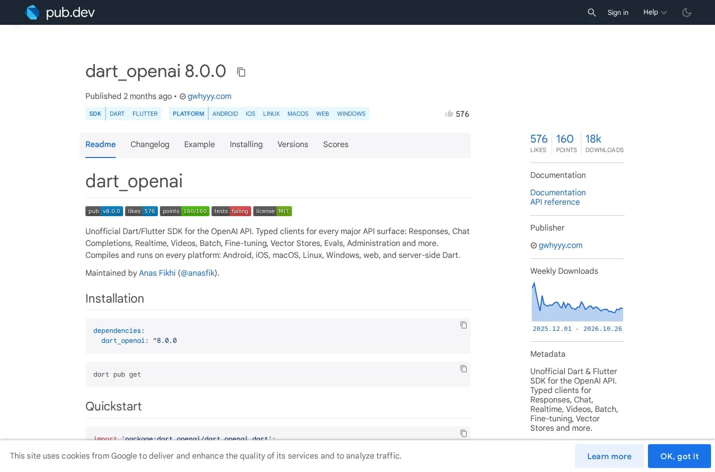 pub.dev page for dart_openai version 8.0.0 showing 576 likes, 160 pub points, and 18k downloads