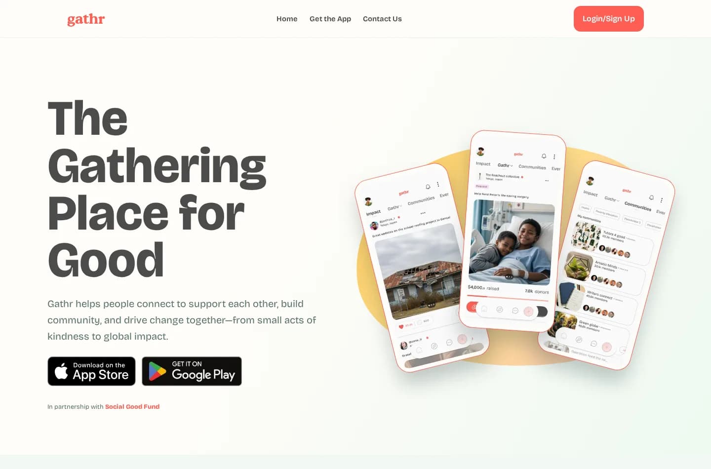 Gathr homepage showing community fundraising screens on iOS and Android