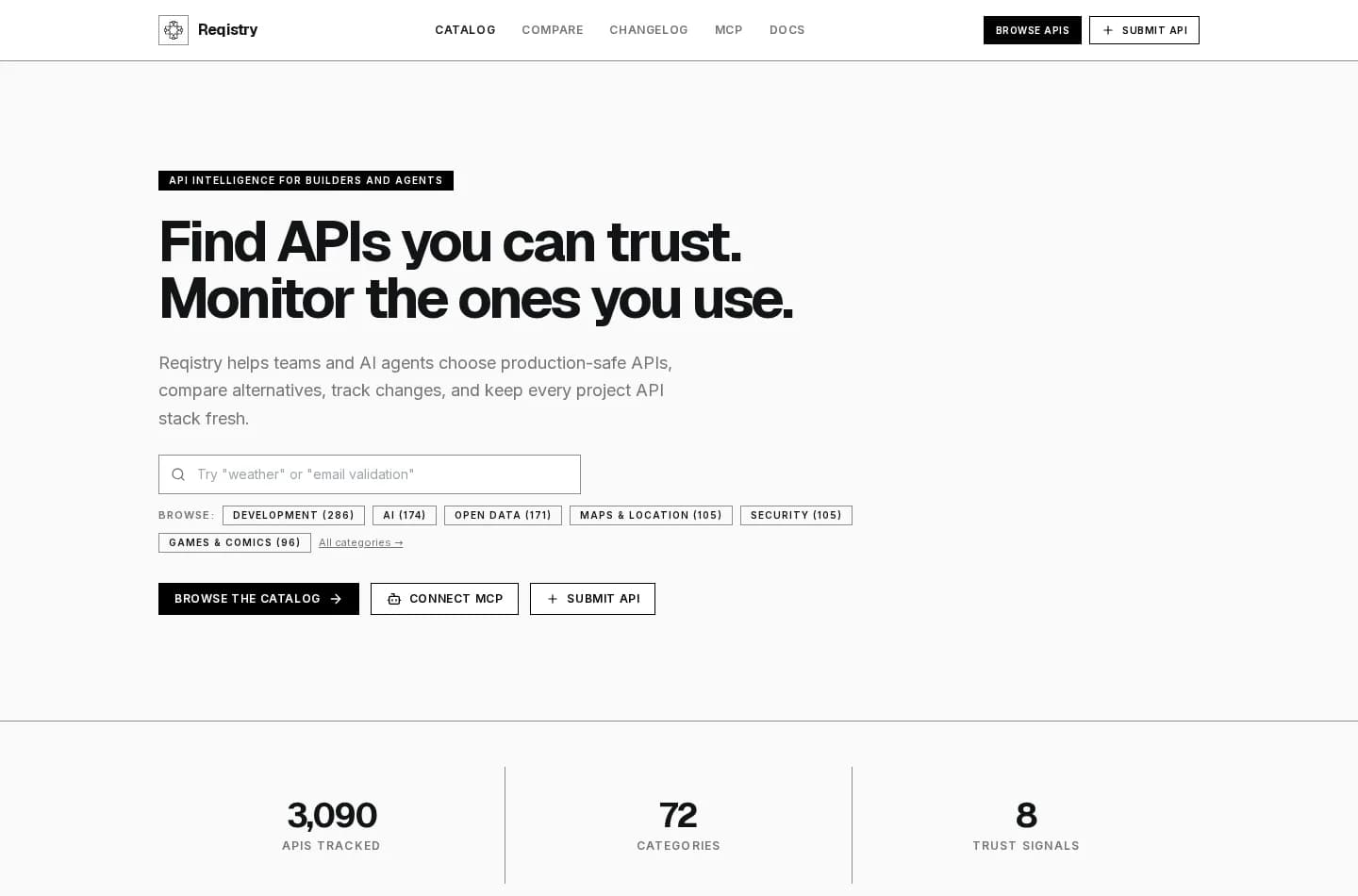 Reqistry homepage showing catalog search, category filters, and live counts of 3,090 APIs and 72 categories