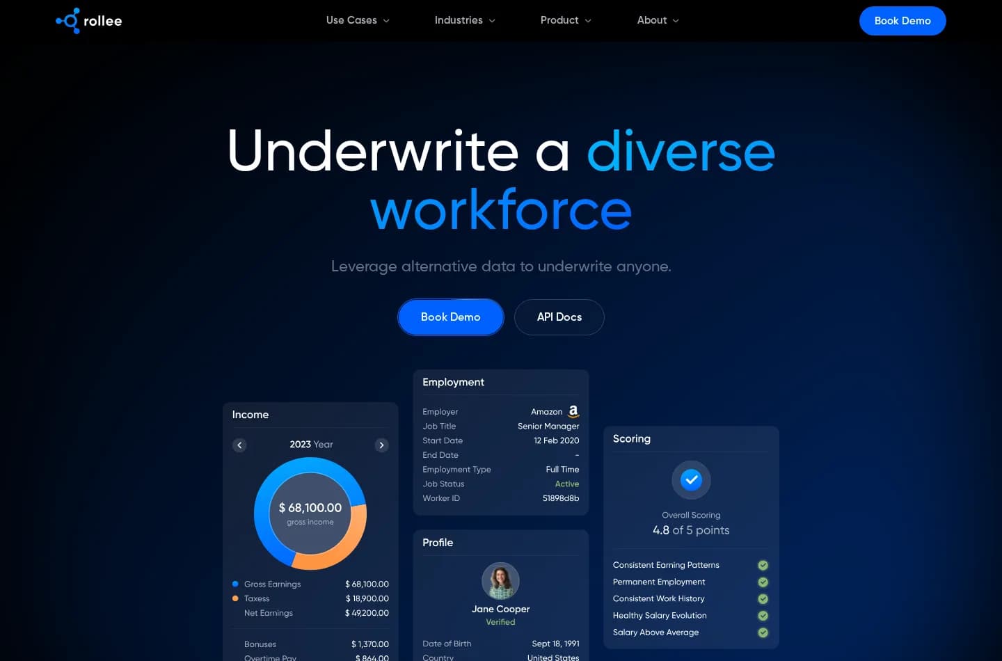 Rollee website showing employment, income, and scoring data product