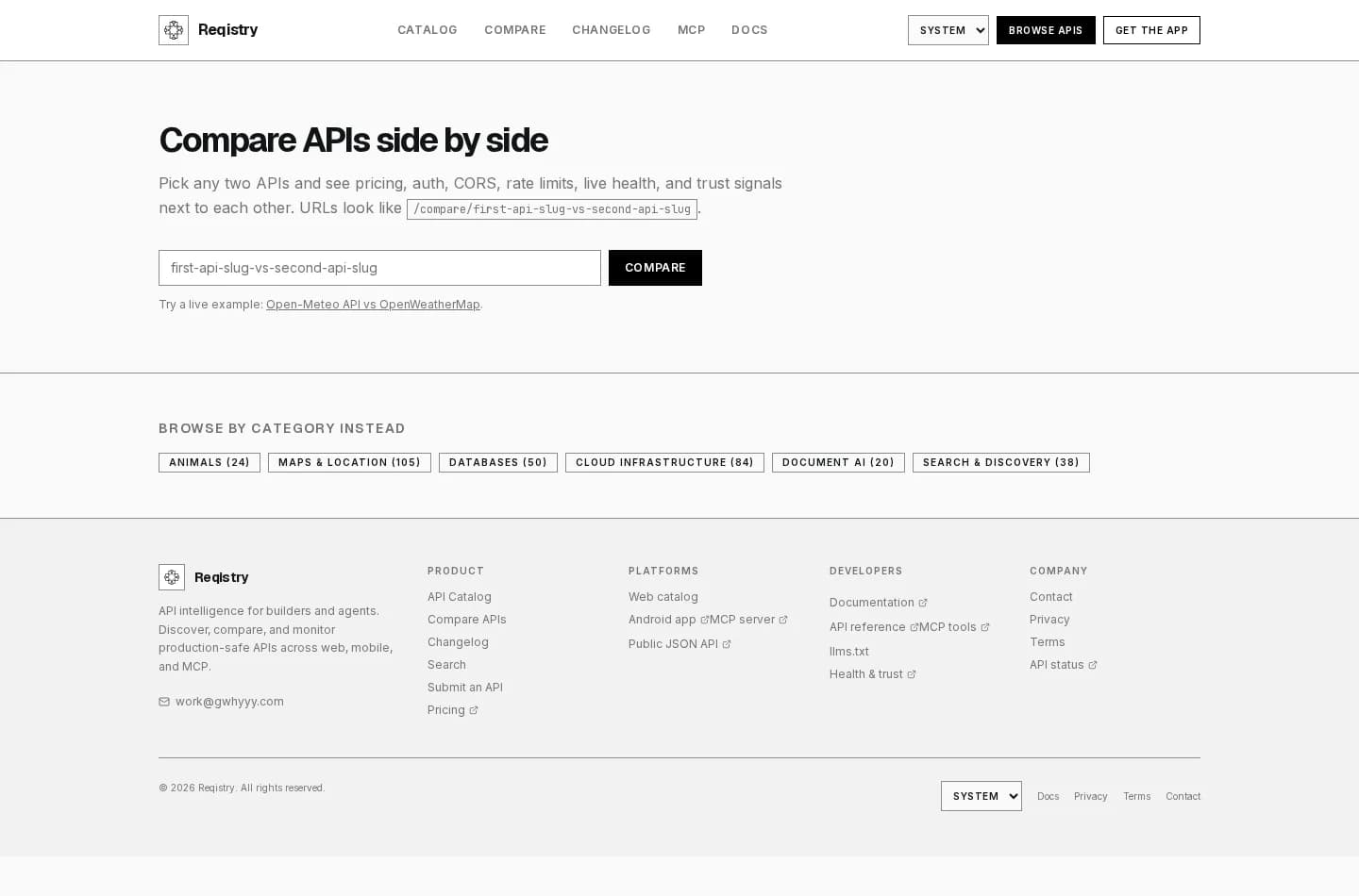 Reqistry compare page for evaluating APIs side by side